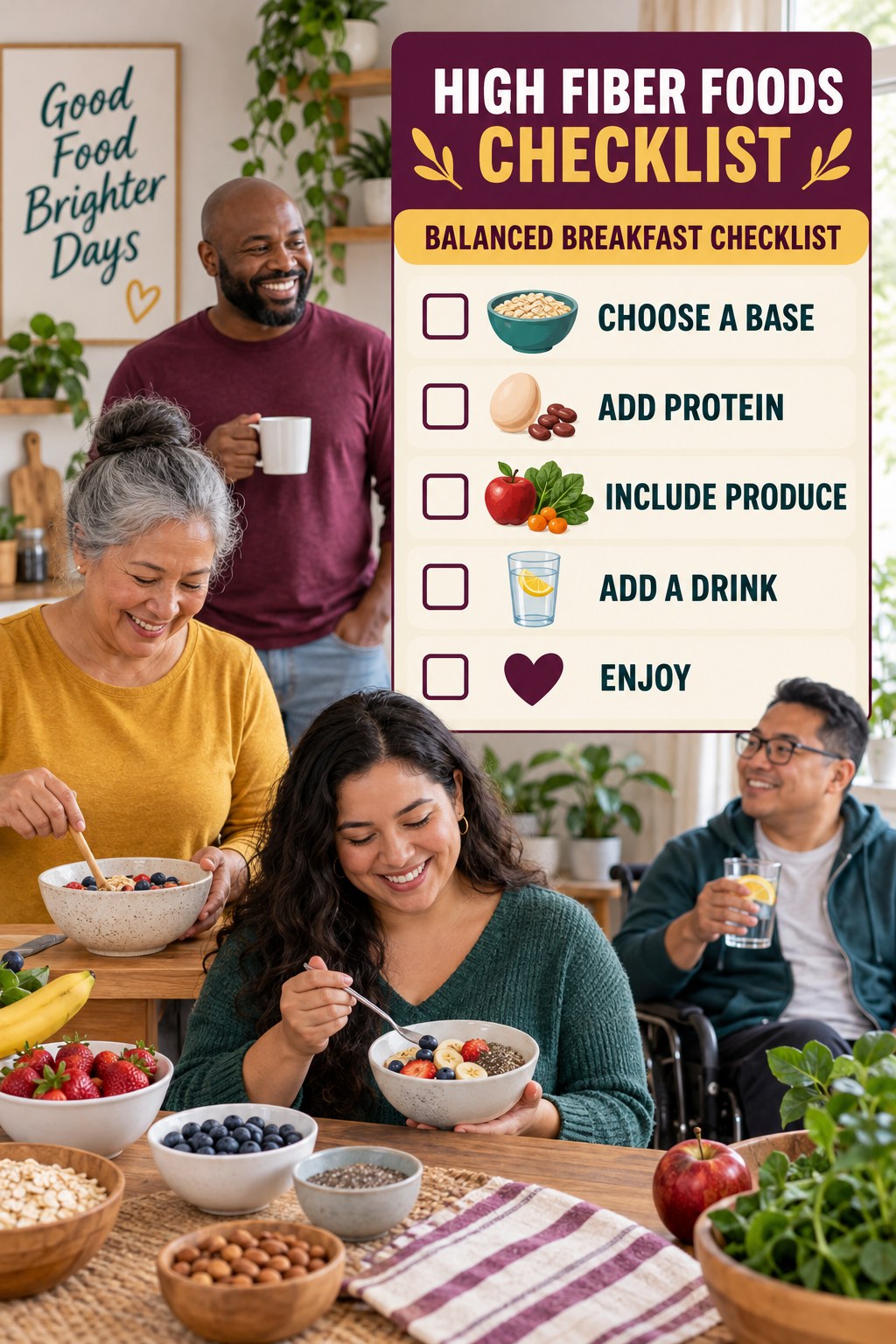 High Fiber Foods checklist graphic titled Balanced Breakfast Checklist with five clear practical wellness items.