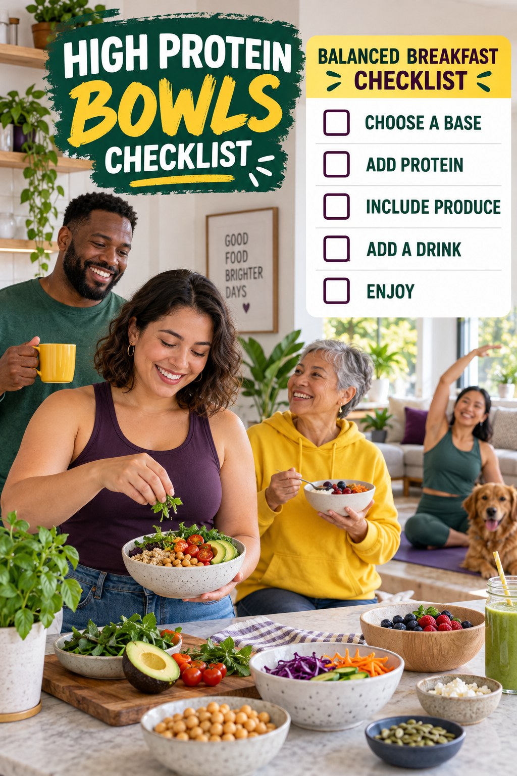High Protein Bowls checklist graphic titled Balanced Breakfast Checklist with five clear practical wellness items.