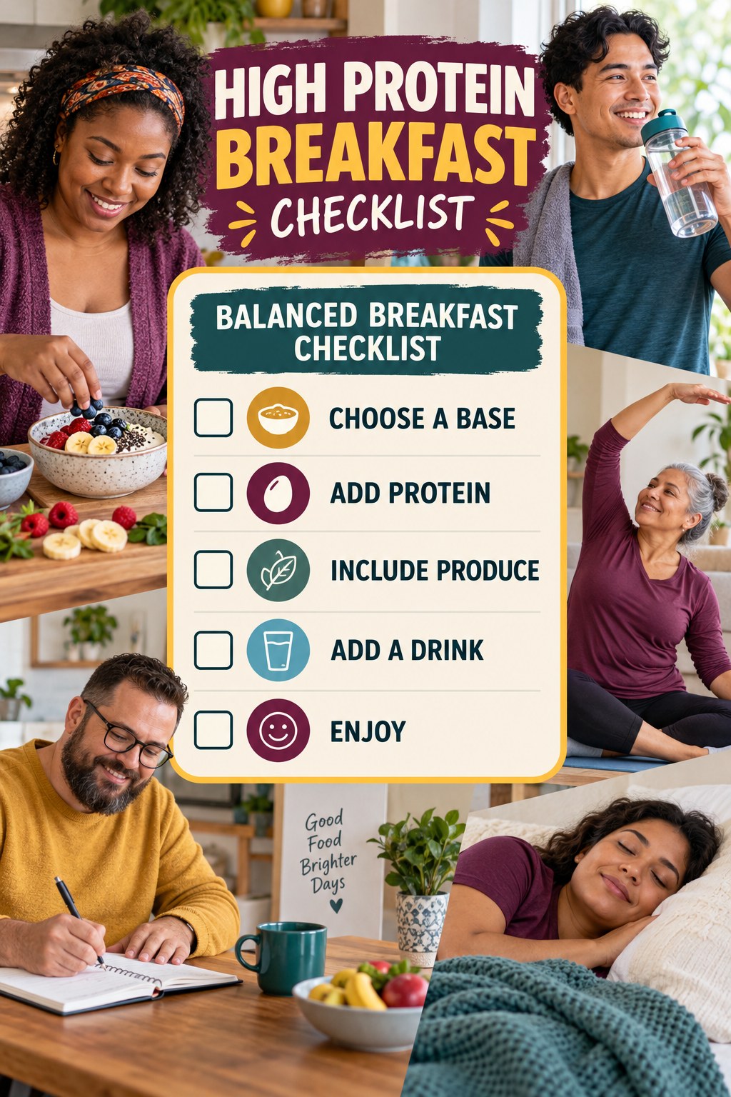 High Protein Breakfast checklist graphic titled Balanced Breakfast Checklist with five clear practical wellness items.