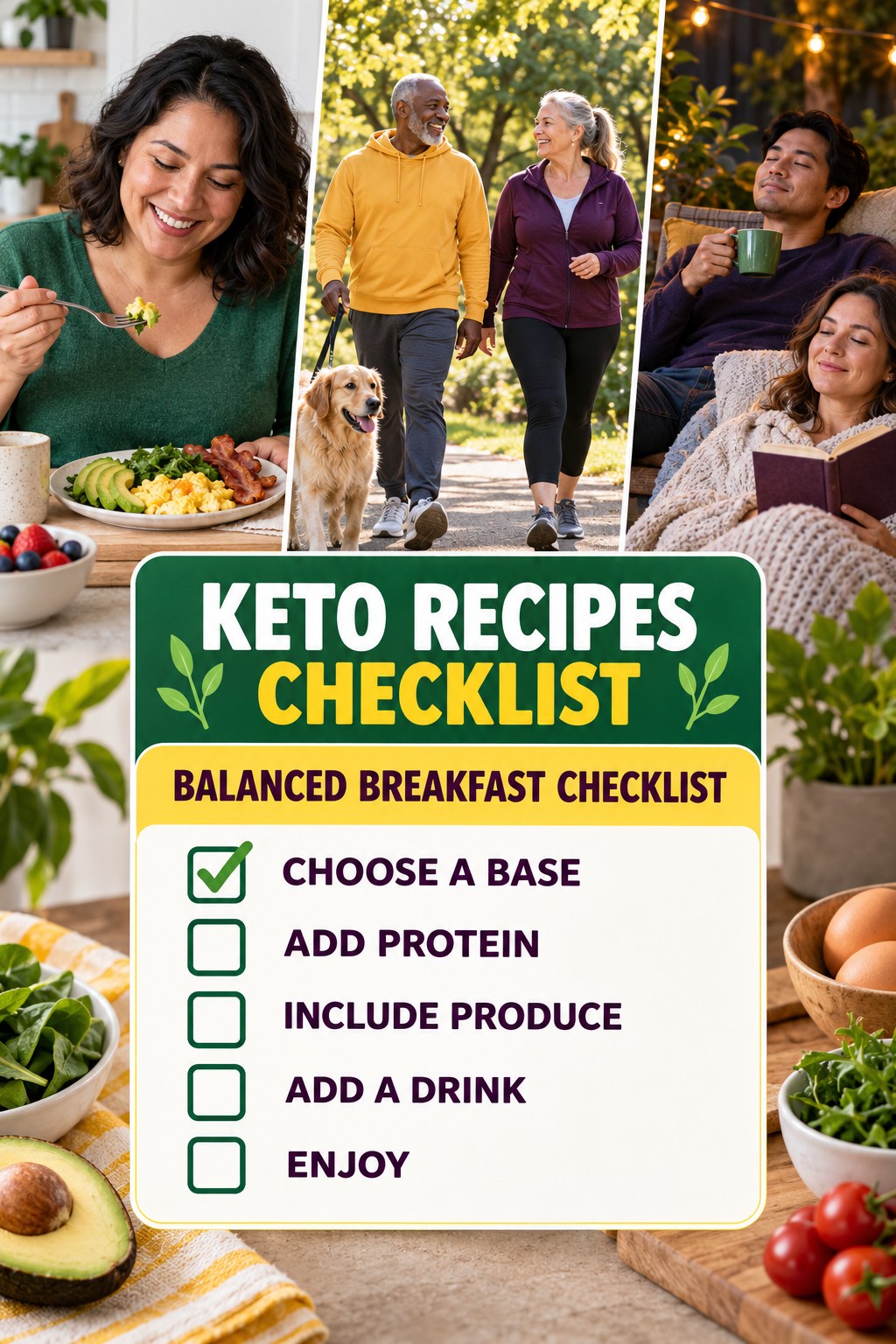Keto Recipes checklist graphic titled Balanced Breakfast Checklist with five clear practical wellness items.
