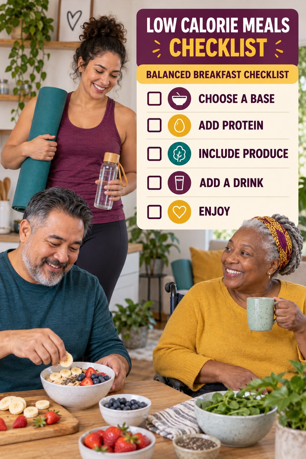 Low Calorie Meals checklist graphic titled Balanced Breakfast Checklist with five clear practical wellness items.