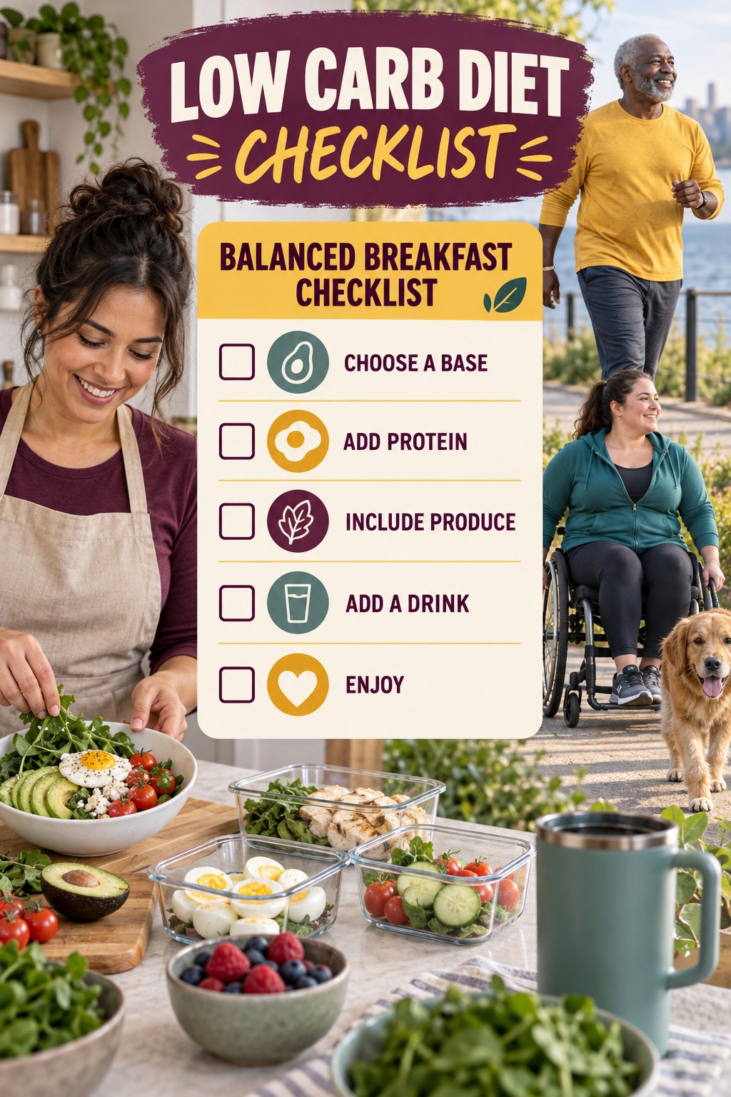 Low Carb Diet checklist graphic titled Balanced Breakfast Checklist with five clear practical wellness items.