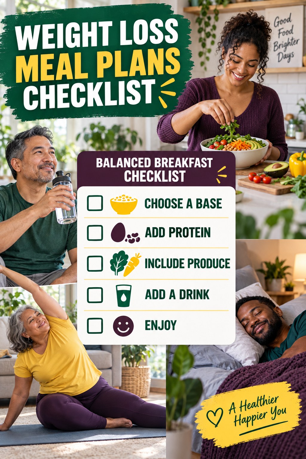 Weight Loss Meal Plans checklist graphic titled Balanced Breakfast Checklist with five clear practical wellness items.