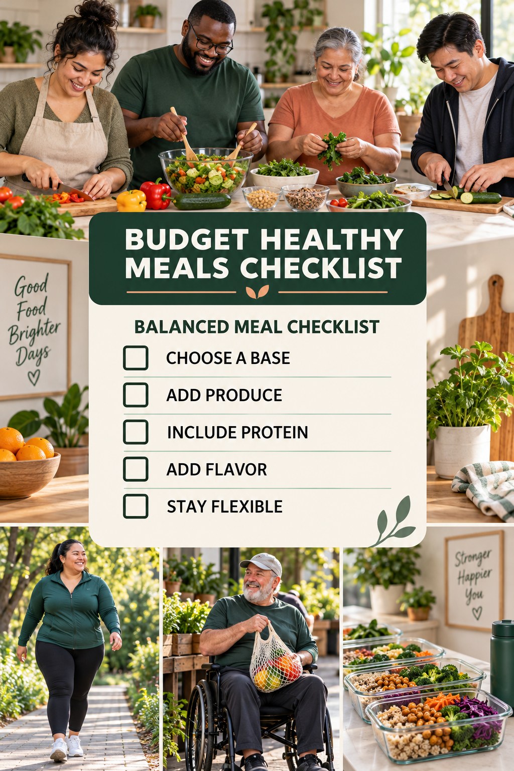 Budget Healthy Meals checklist graphic titled Balanced Meal Checklist with five clear practical wellness items.