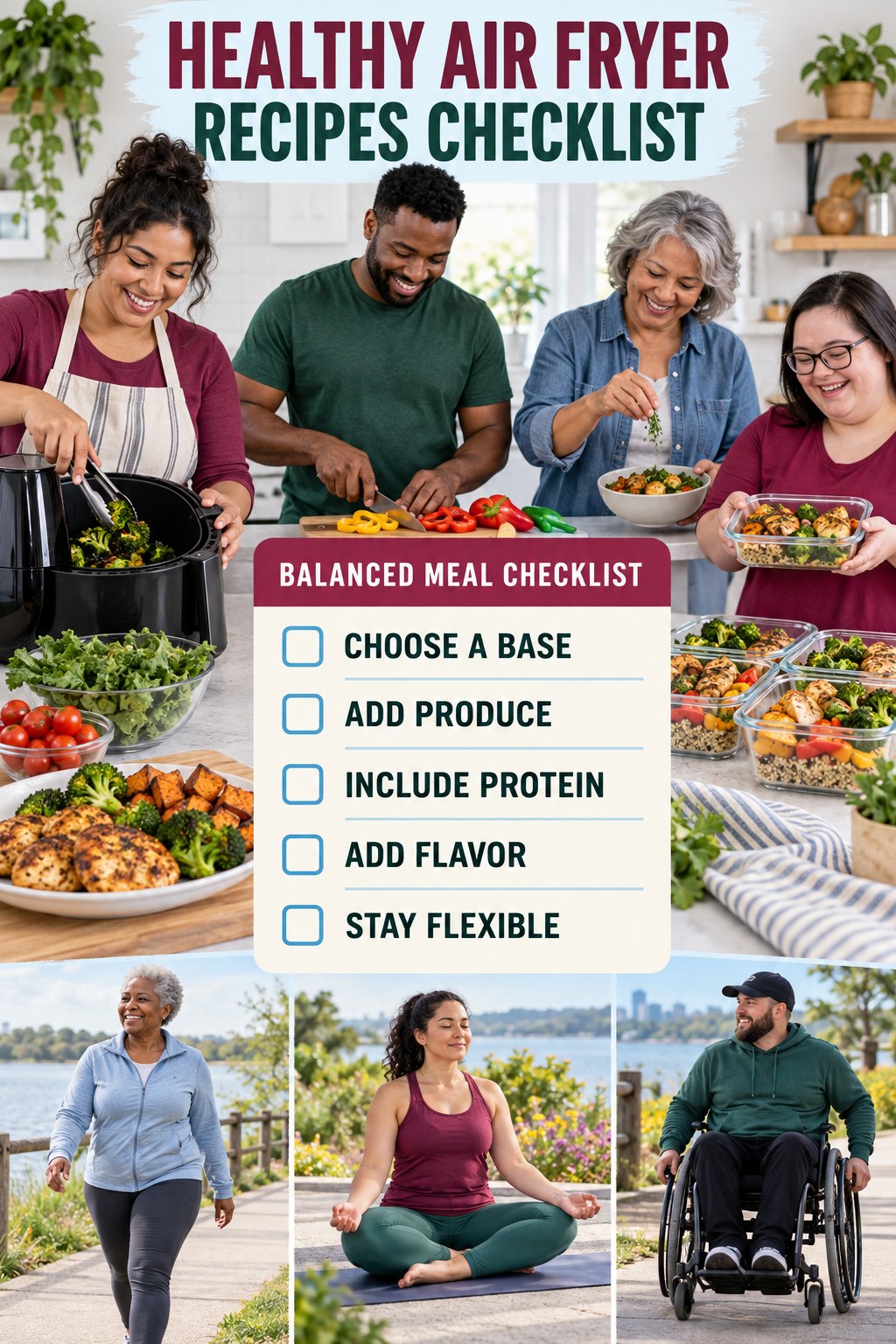 Healthy Air Fryer Recipes checklist graphic titled Balanced Meal Checklist with five clear practical wellness items.