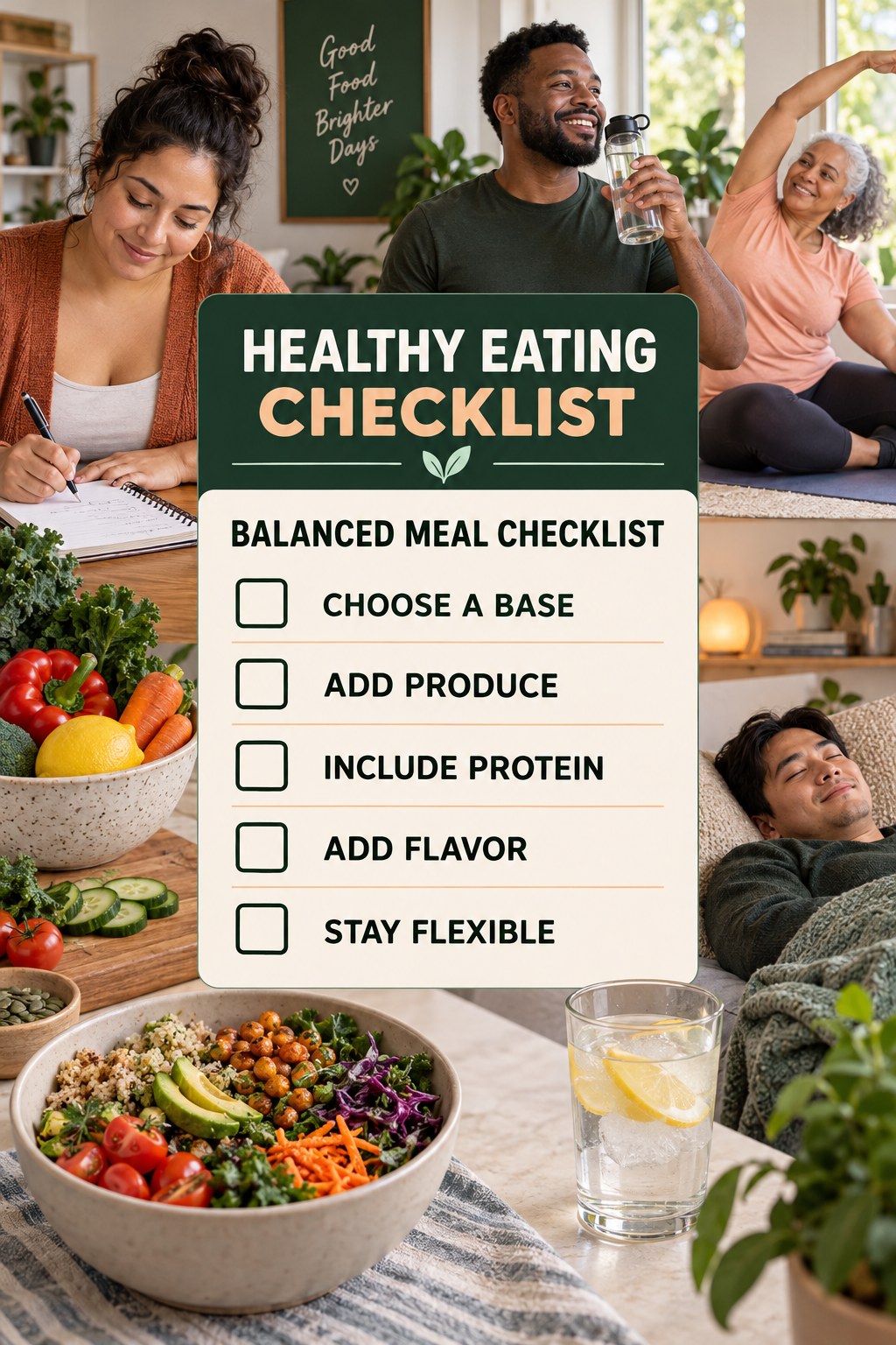 Healthy Eating checklist graphic titled Balanced Meal Checklist with five clear practical wellness items.
