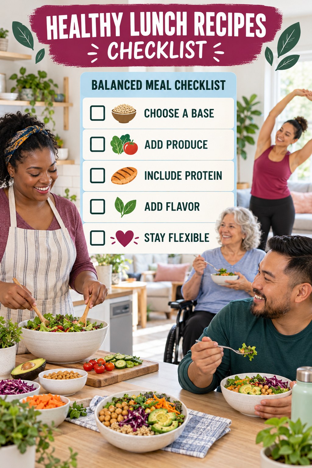 Healthy Lunch Recipes checklist graphic titled Balanced Meal Checklist with five clear practical wellness items.