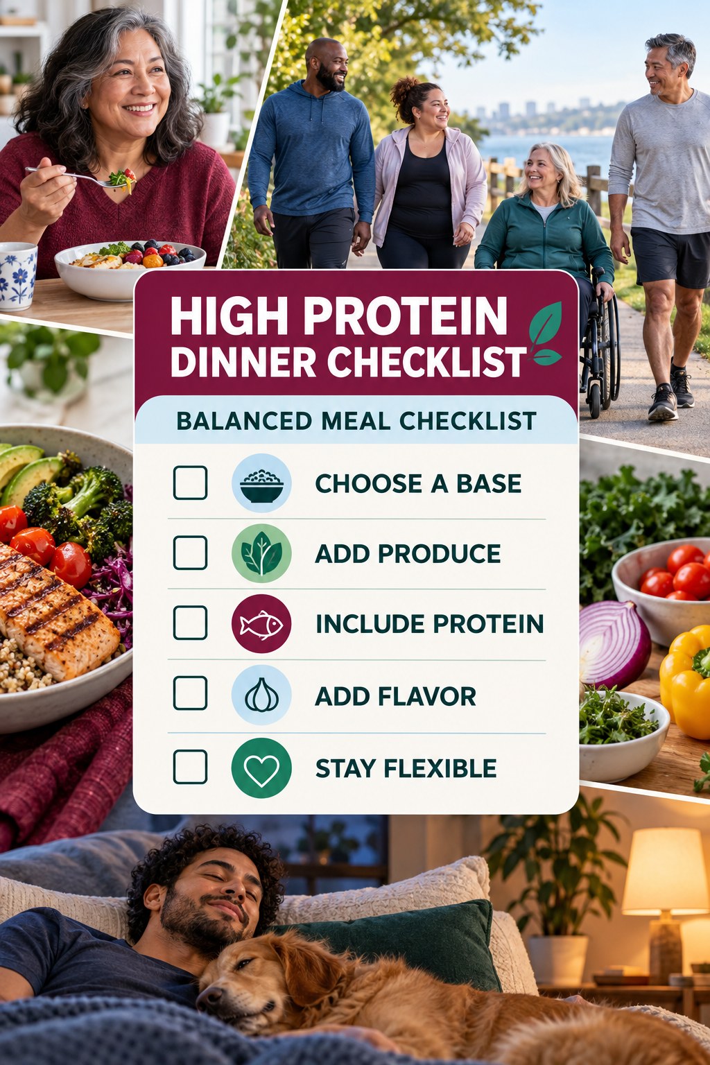 High Protein Dinner checklist graphic titled Balanced Meal Checklist with five clear practical wellness items.