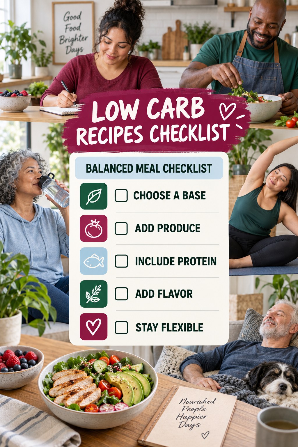 Low Carb Recipes checklist graphic titled Balanced Meal Checklist with five clear practical wellness items.