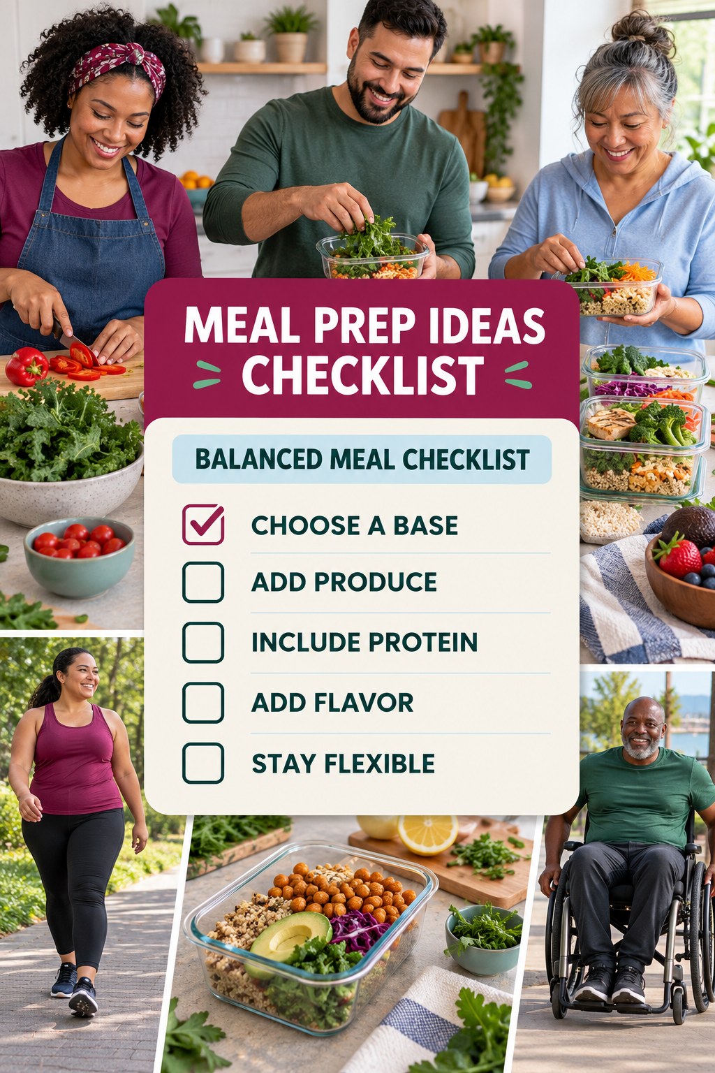 Meal Prep Ideas checklist graphic titled Balanced Meal Checklist with five clear practical wellness items.