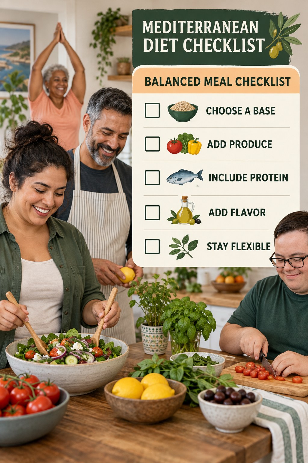 Mediterranean Diet checklist graphic titled Balanced Meal Checklist with five clear practical wellness items.