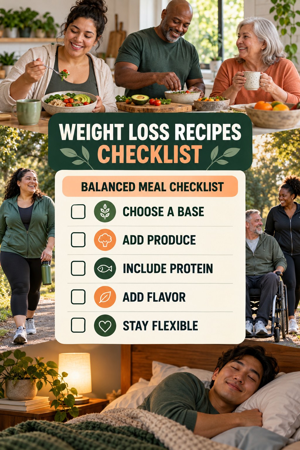Weight Loss Recipes checklist graphic titled Balanced Meal Checklist with five clear practical wellness items.