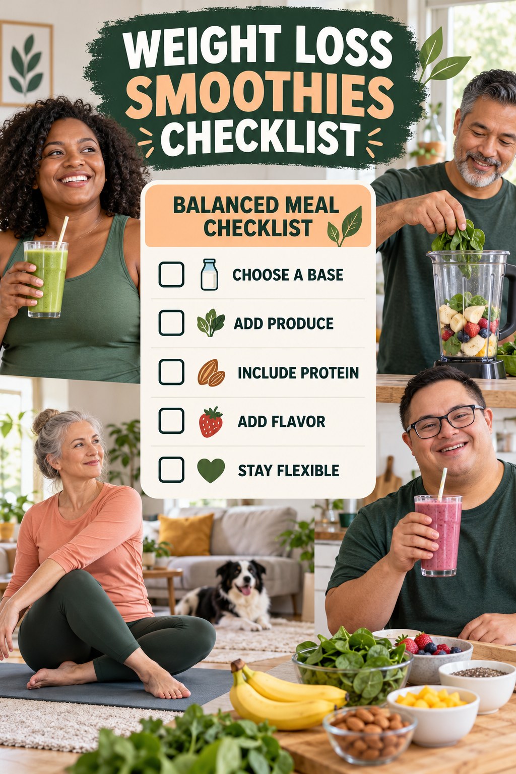 Weight Loss Smoothies checklist graphic titled Balanced Meal Checklist with five clear practical wellness items.