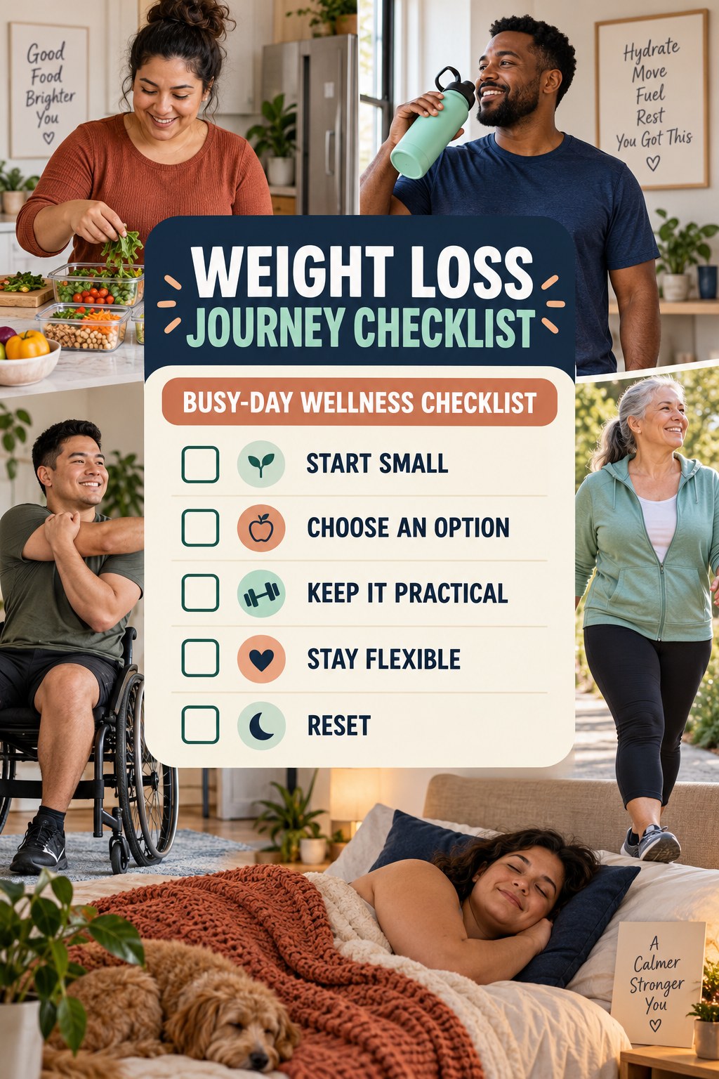 Weight Loss Journey checklist graphic titled Busy-Day Wellness Checklist with five clear practical wellness items.
