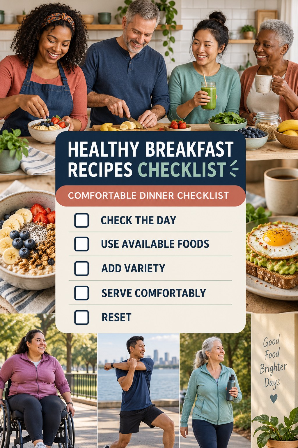 Healthy Breakfast Recipes checklist graphic titled Comfortable Dinner Checklist with five clear practical wellness items.