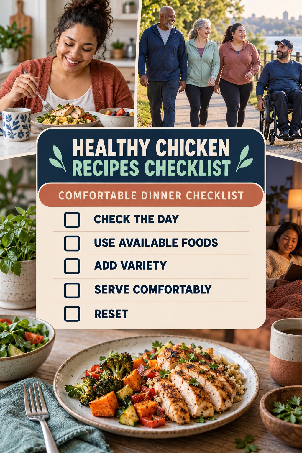 Healthy Chicken Recipes checklist graphic titled Comfortable Dinner Checklist with five clear practical wellness items.