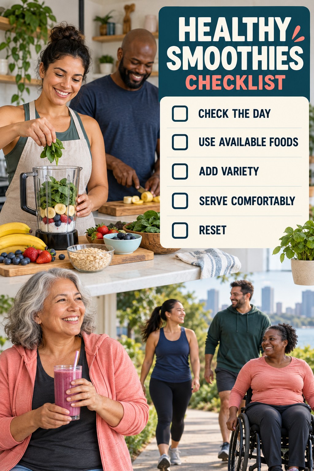 Healthy Smoothies checklist graphic titled Comfortable Dinner Checklist with five clear practical wellness items.