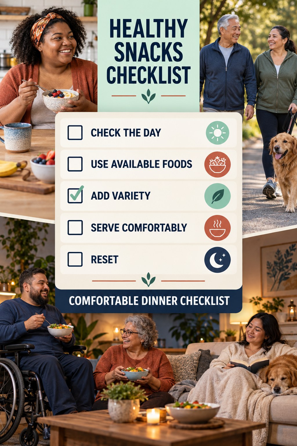 Healthy Snacks checklist graphic titled Comfortable Dinner Checklist with five clear practical wellness items.