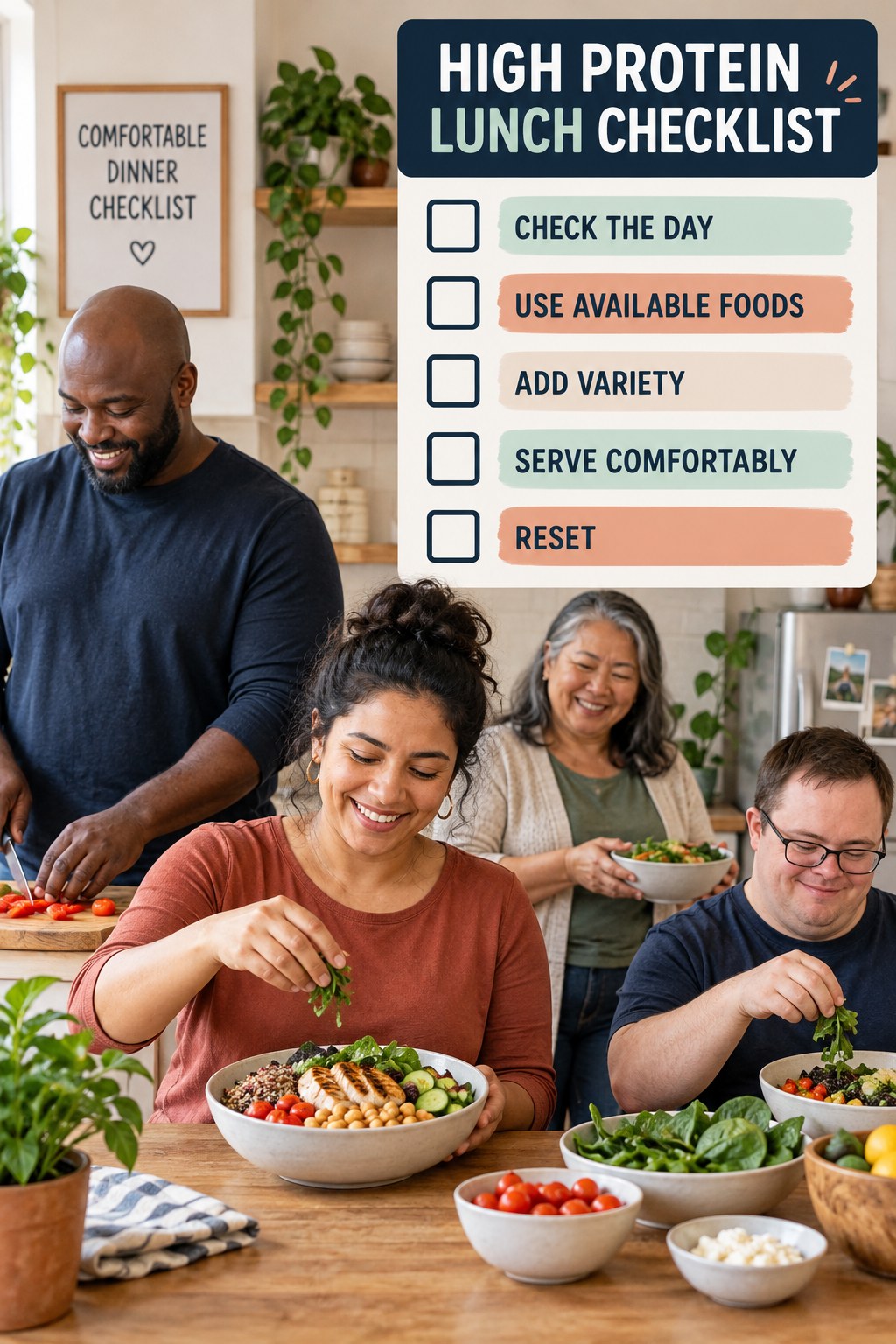High Protein Lunch checklist graphic titled Comfortable Dinner Checklist with five clear practical wellness items.