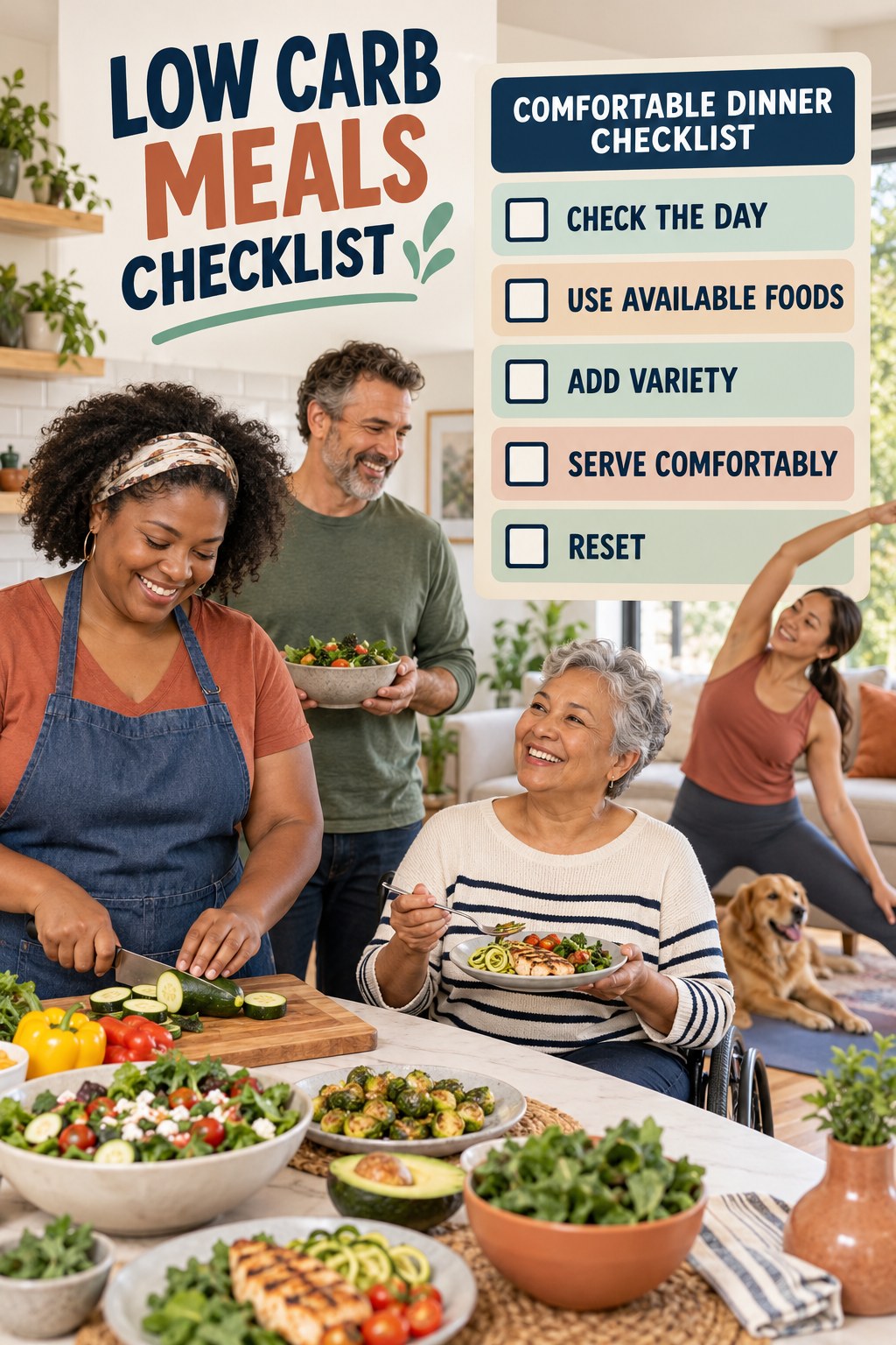 Low Carb Meals checklist graphic titled Comfortable Dinner Checklist with five clear practical wellness items.