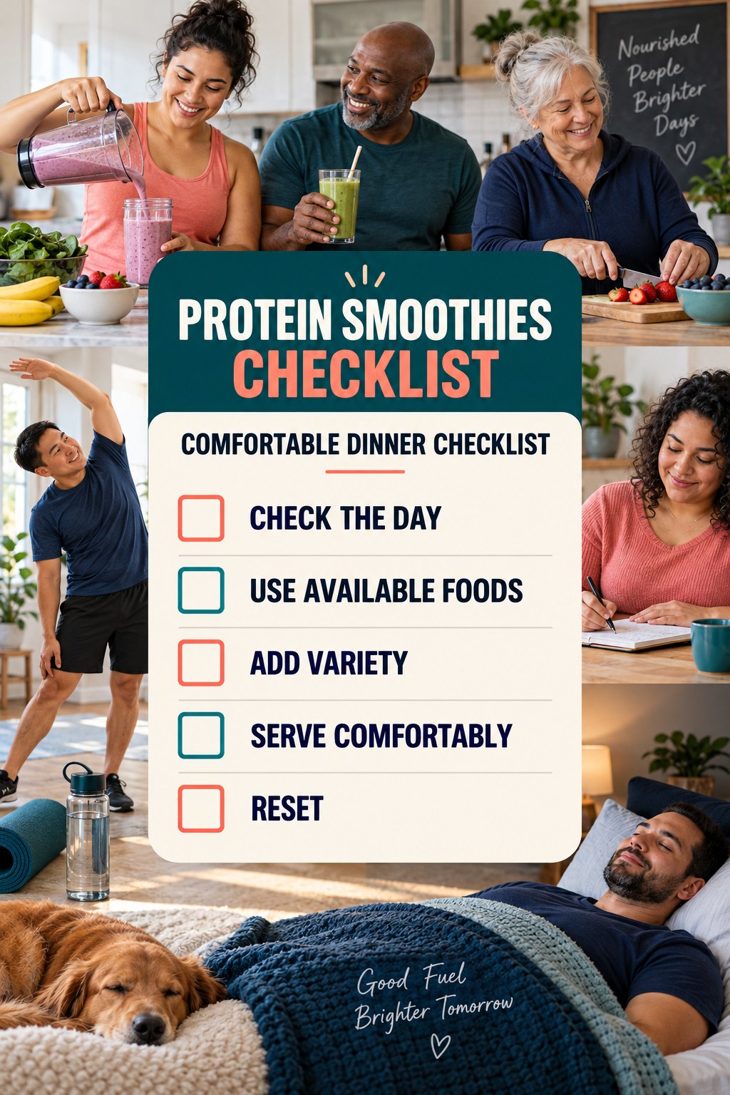Protein Smoothies checklist graphic titled Comfortable Dinner Checklist with five clear practical wellness items.