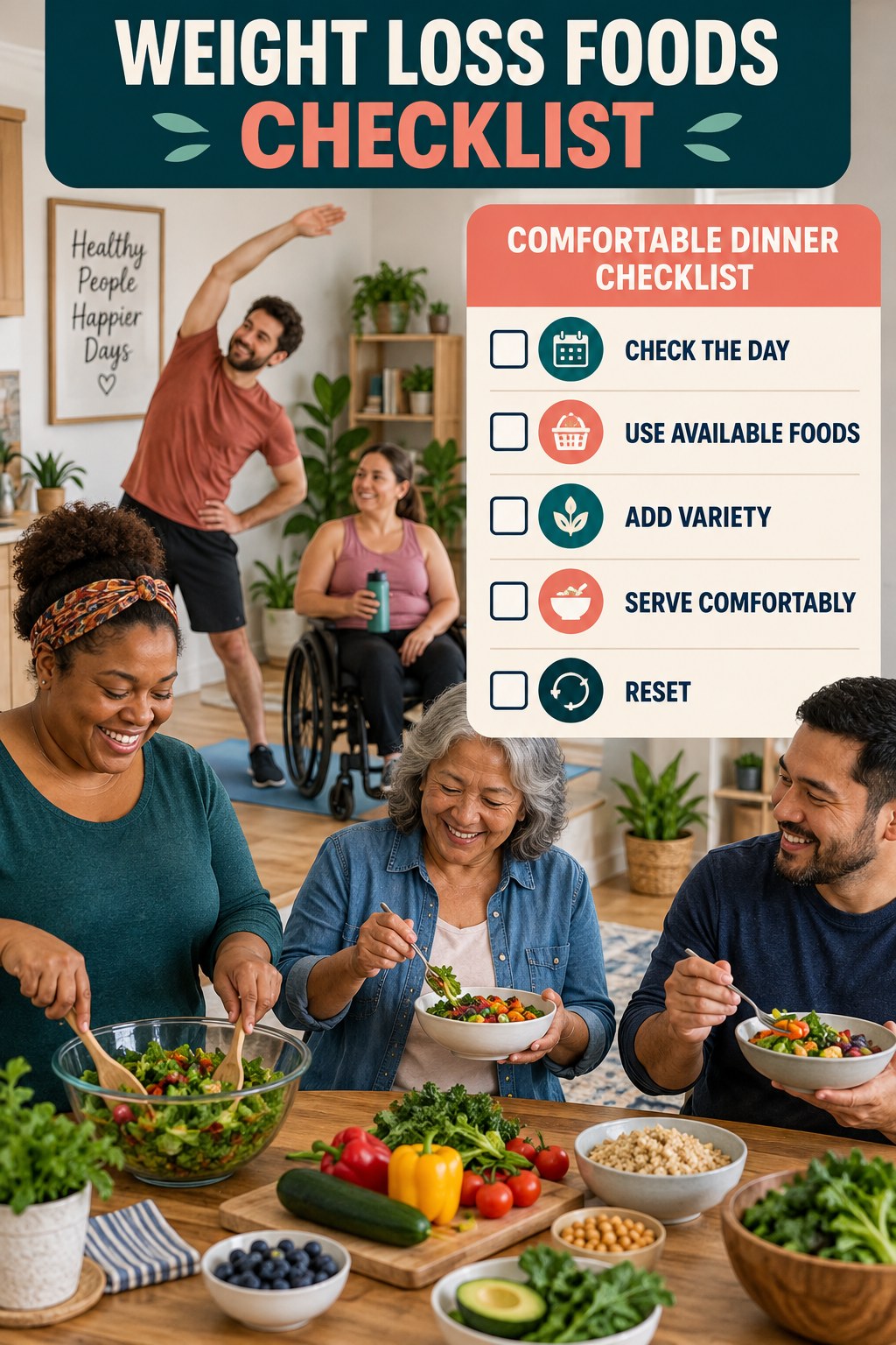 Weight Loss Foods checklist graphic titled Comfortable Dinner Checklist with five clear practical wellness items.