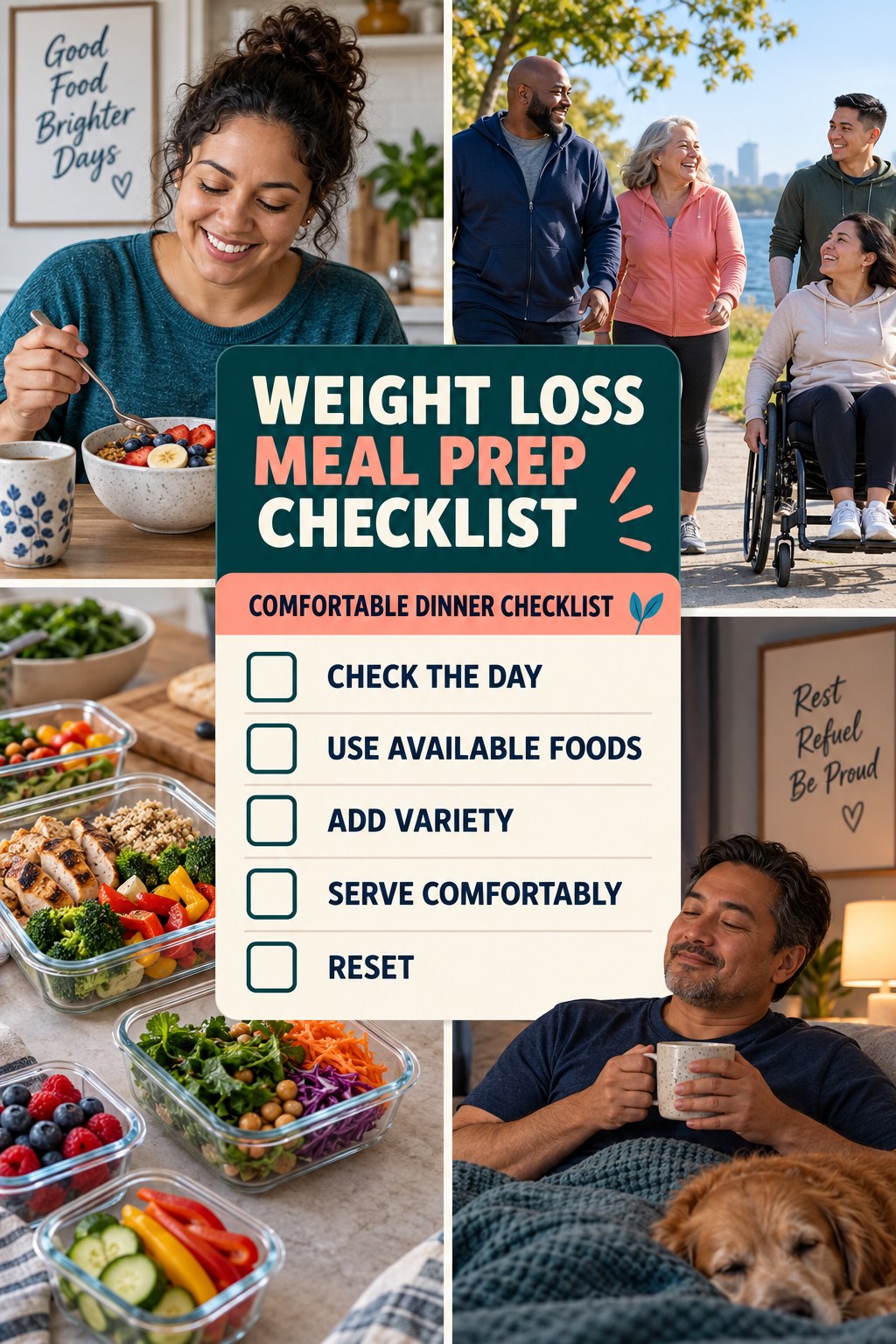 Weight Loss Meal Prep checklist graphic titled Comfortable Dinner Checklist with five clear practical wellness items.
