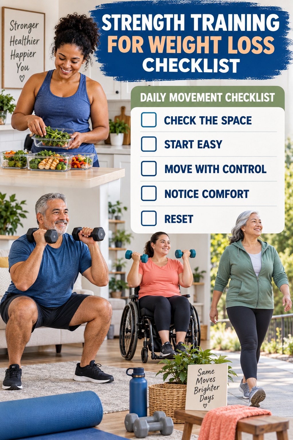 Strength Training for Weight Loss checklist graphic titled Daily Movement Checklist with five clear practical wellness items.