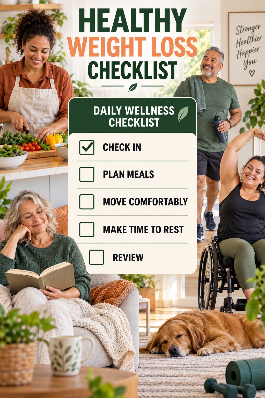 Healthy Weight Loss checklist graphic titled Daily Wellness Checklist with five clear practical wellness items.