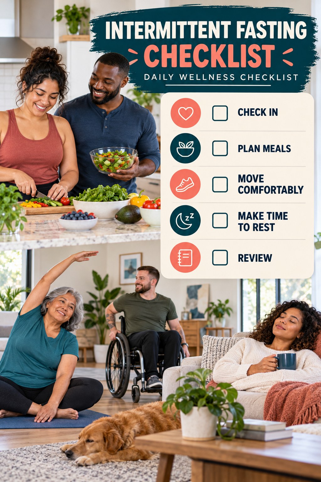 Intermittent Fasting checklist graphic titled Daily Wellness Checklist with five clear practical wellness items.