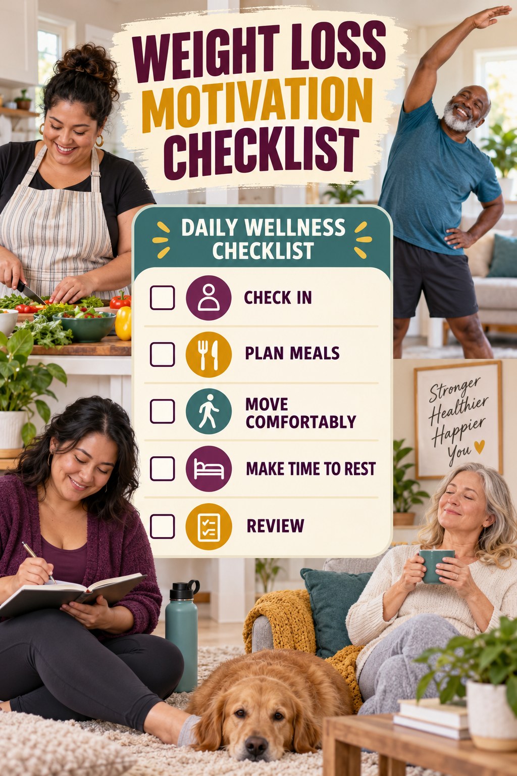 Weight Loss Motivation checklist graphic titled Daily Wellness Checklist with five clear practical wellness items.