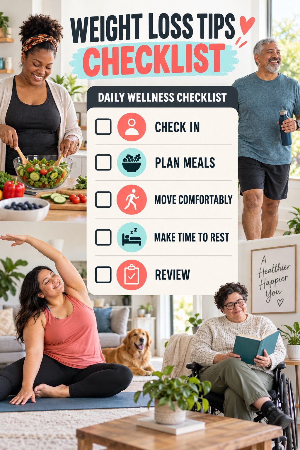 Weight Loss Tips checklist graphic titled Daily Wellness Checklist with five clear practical wellness items.