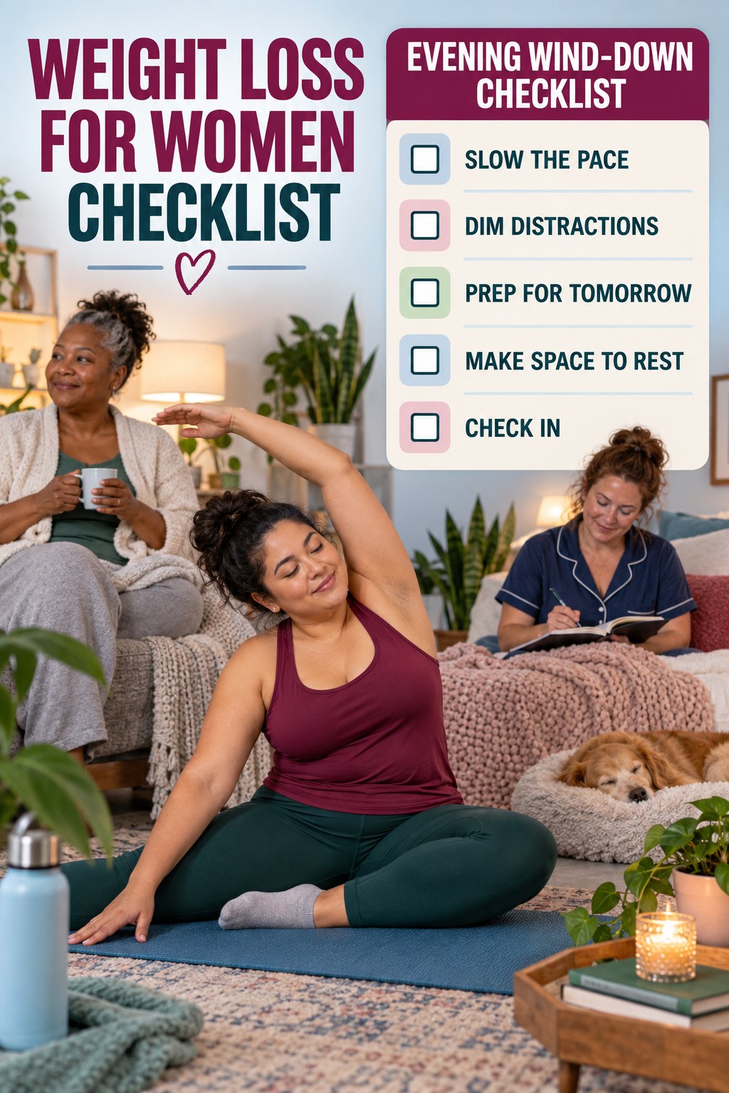 Weight Loss for Women checklist graphic titled Evening Wind-Down Checklist with five clear practical wellness items.