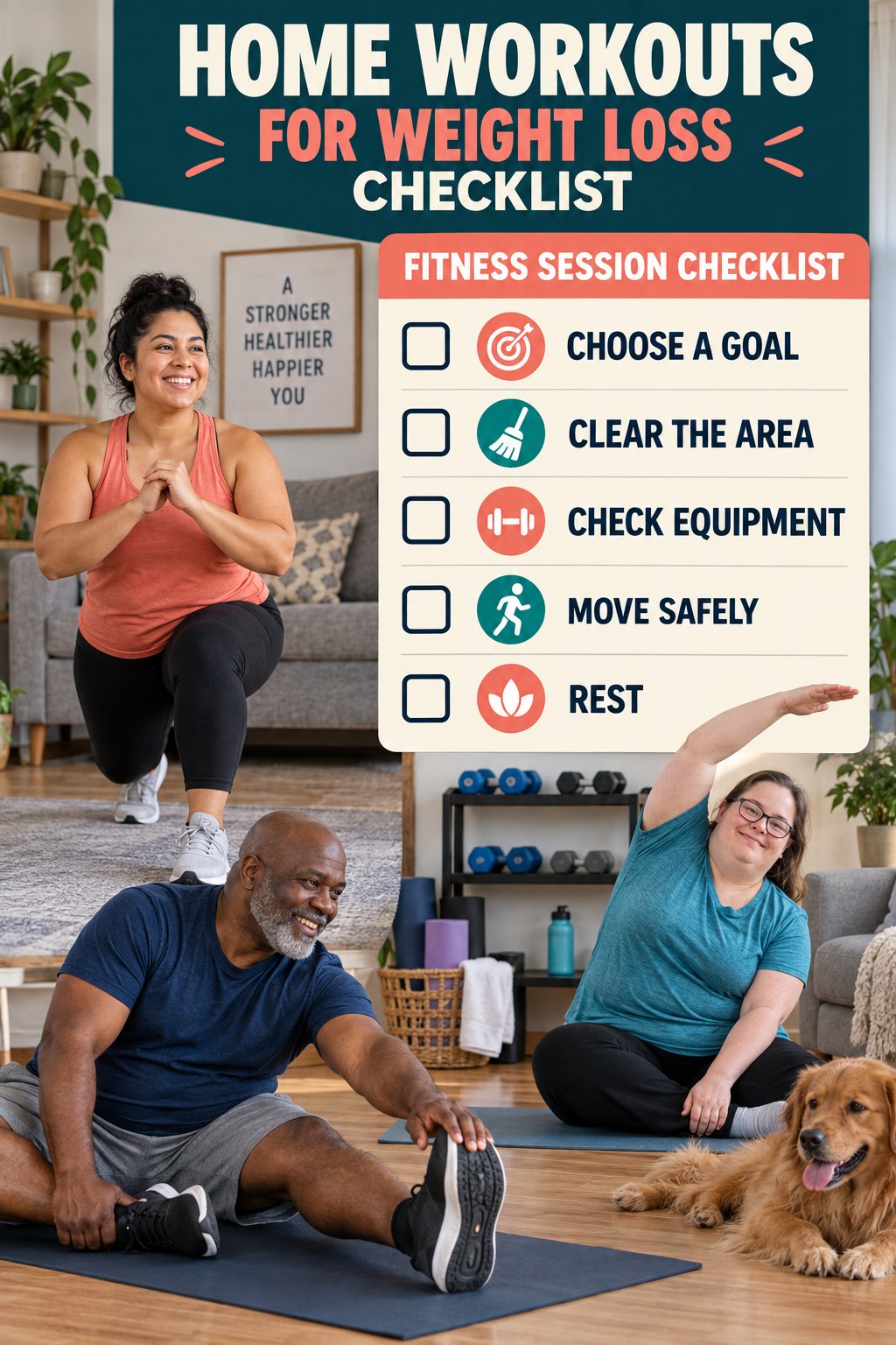 Home Workouts for Weight Loss checklist graphic titled Fitness Session Checklist with five clear practical wellness items.