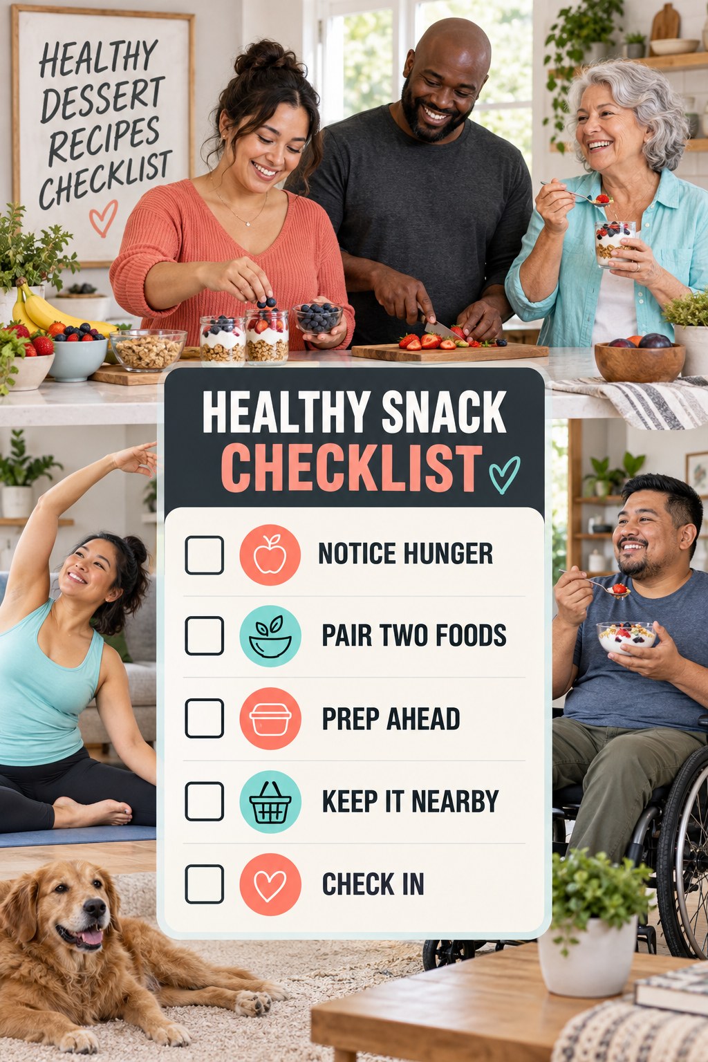 Healthy Dessert Recipes checklist graphic titled Healthy Snack Checklist with five clear practical wellness items.