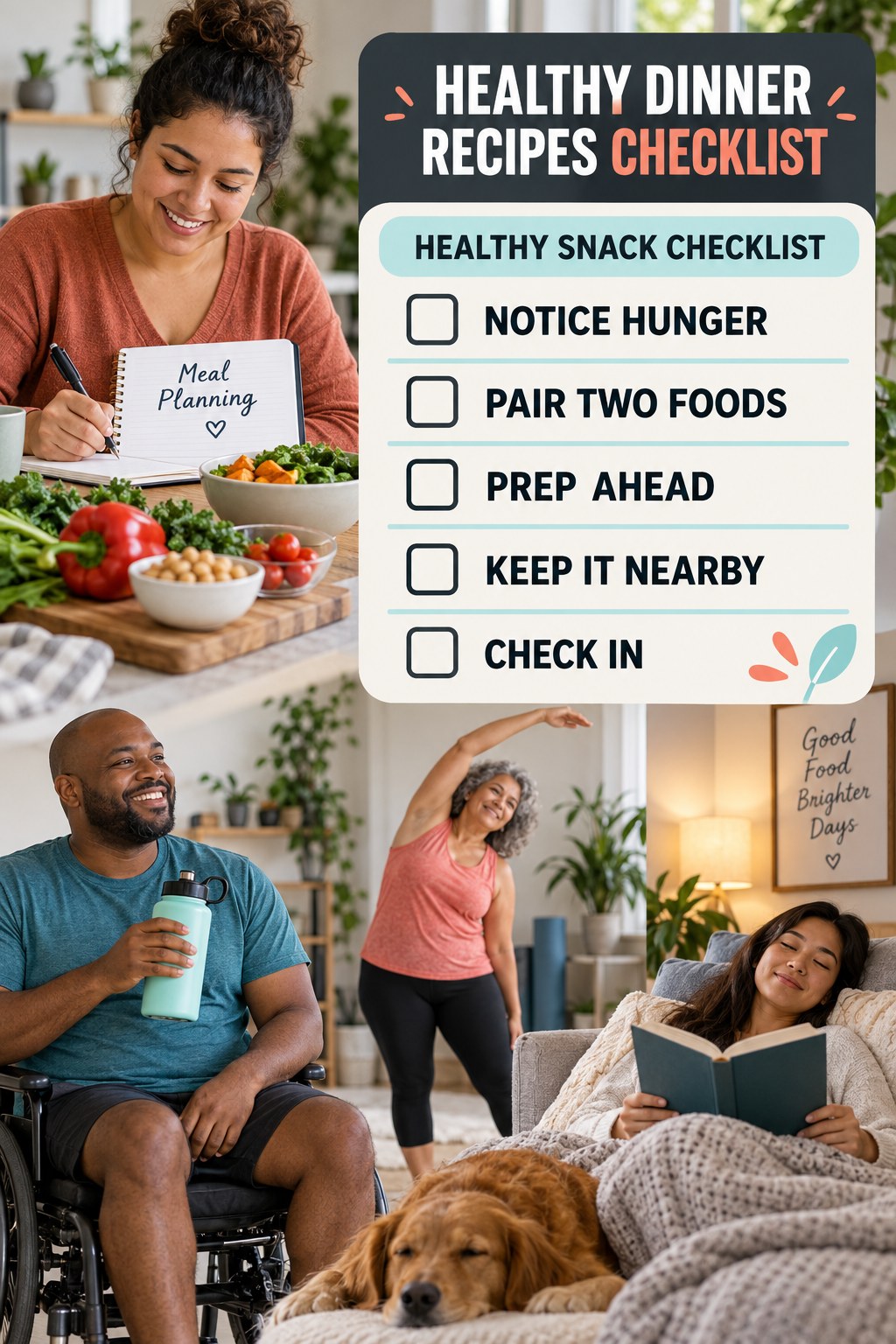 Healthy Dinner Recipes checklist graphic titled Healthy Snack Checklist with five clear practical wellness items.