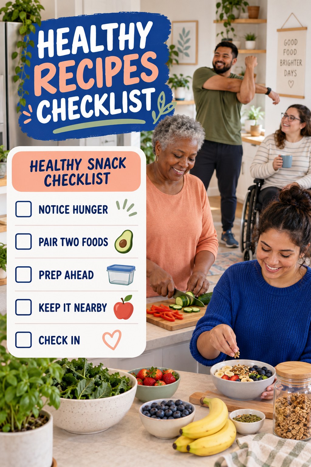 Healthy Recipes checklist graphic titled Healthy Snack Checklist with five clear practical wellness items.