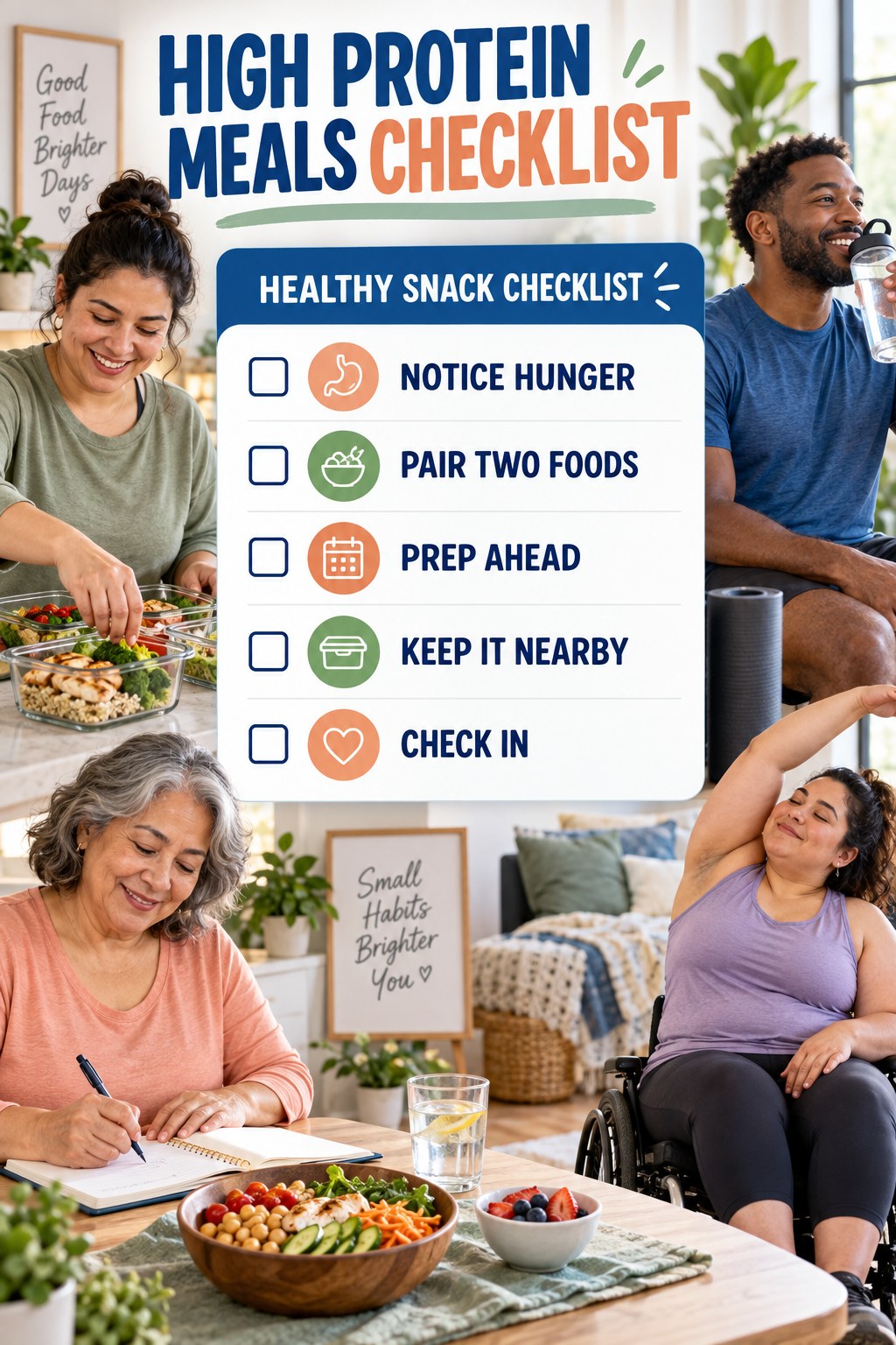 High Protein Meals checklist graphic titled Healthy Snack Checklist with five clear practical wellness items.