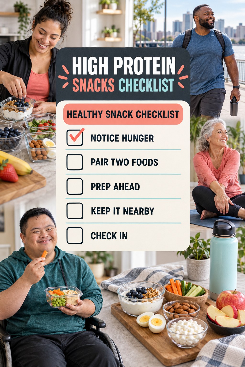 High Protein Snacks checklist graphic titled Healthy Snack Checklist with five clear practical wellness items.