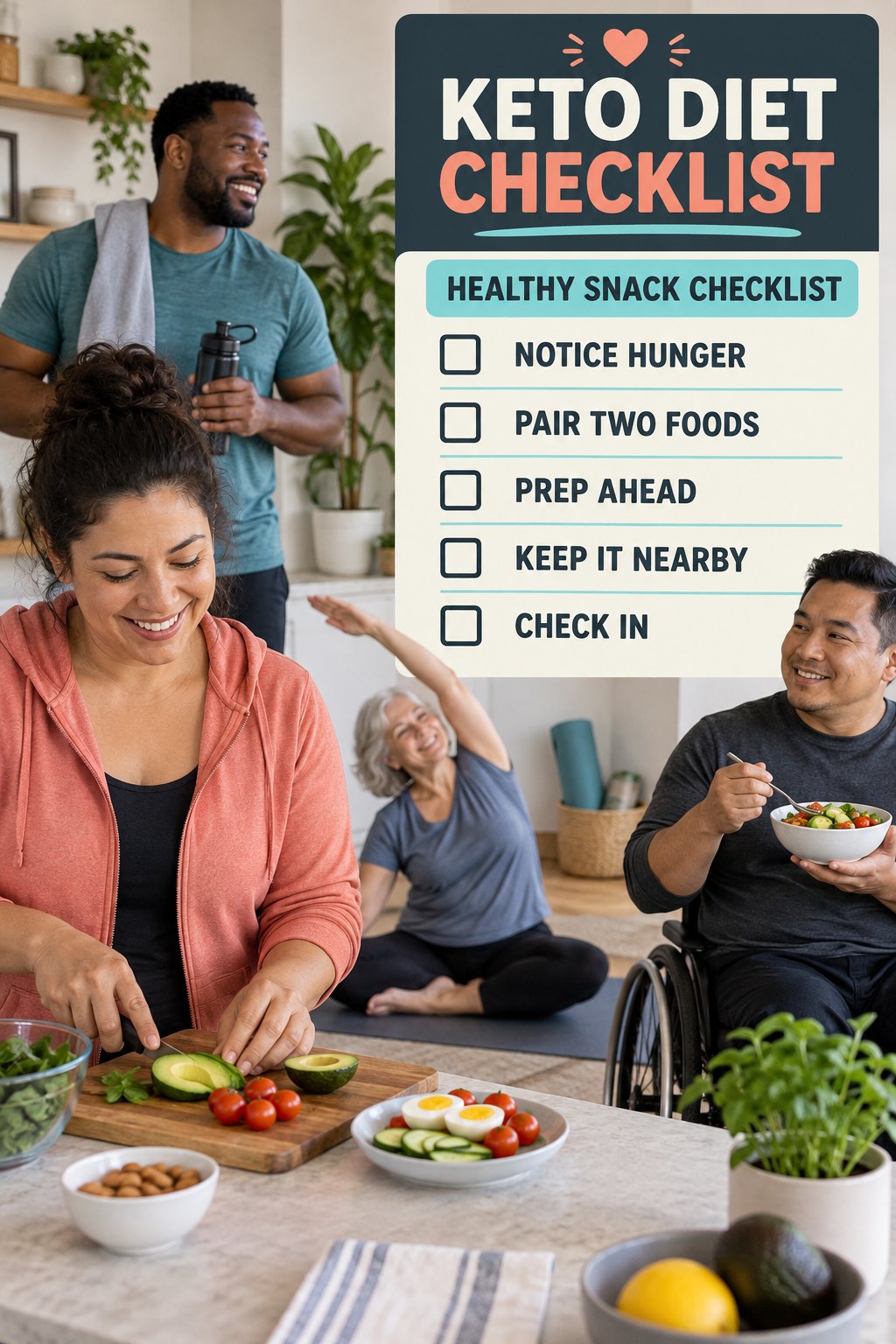 Keto Diet checklist graphic titled Healthy Snack Checklist with five clear practical wellness items.