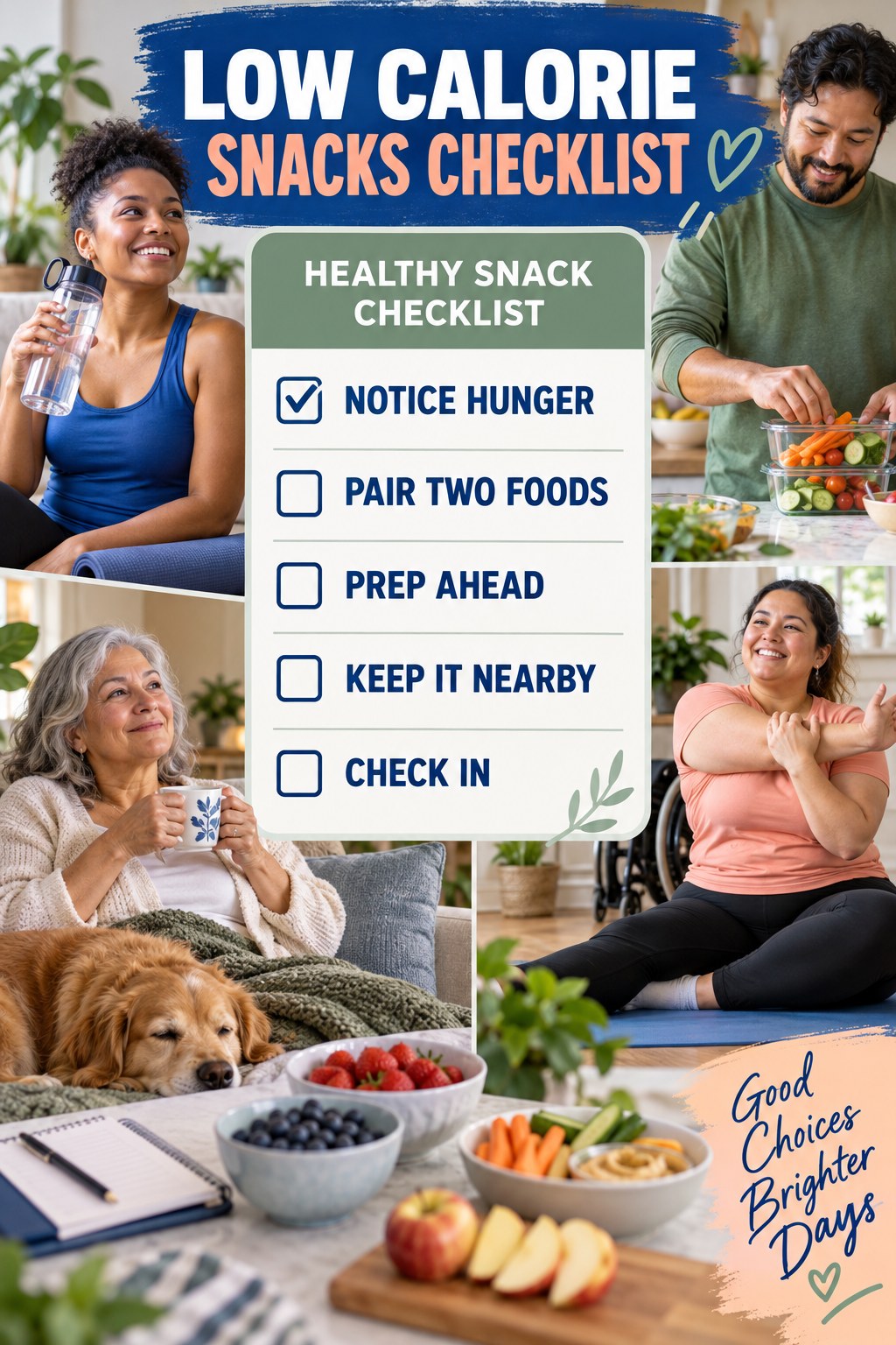 Low Calorie Snacks checklist graphic titled Healthy Snack Checklist with five clear practical wellness items.