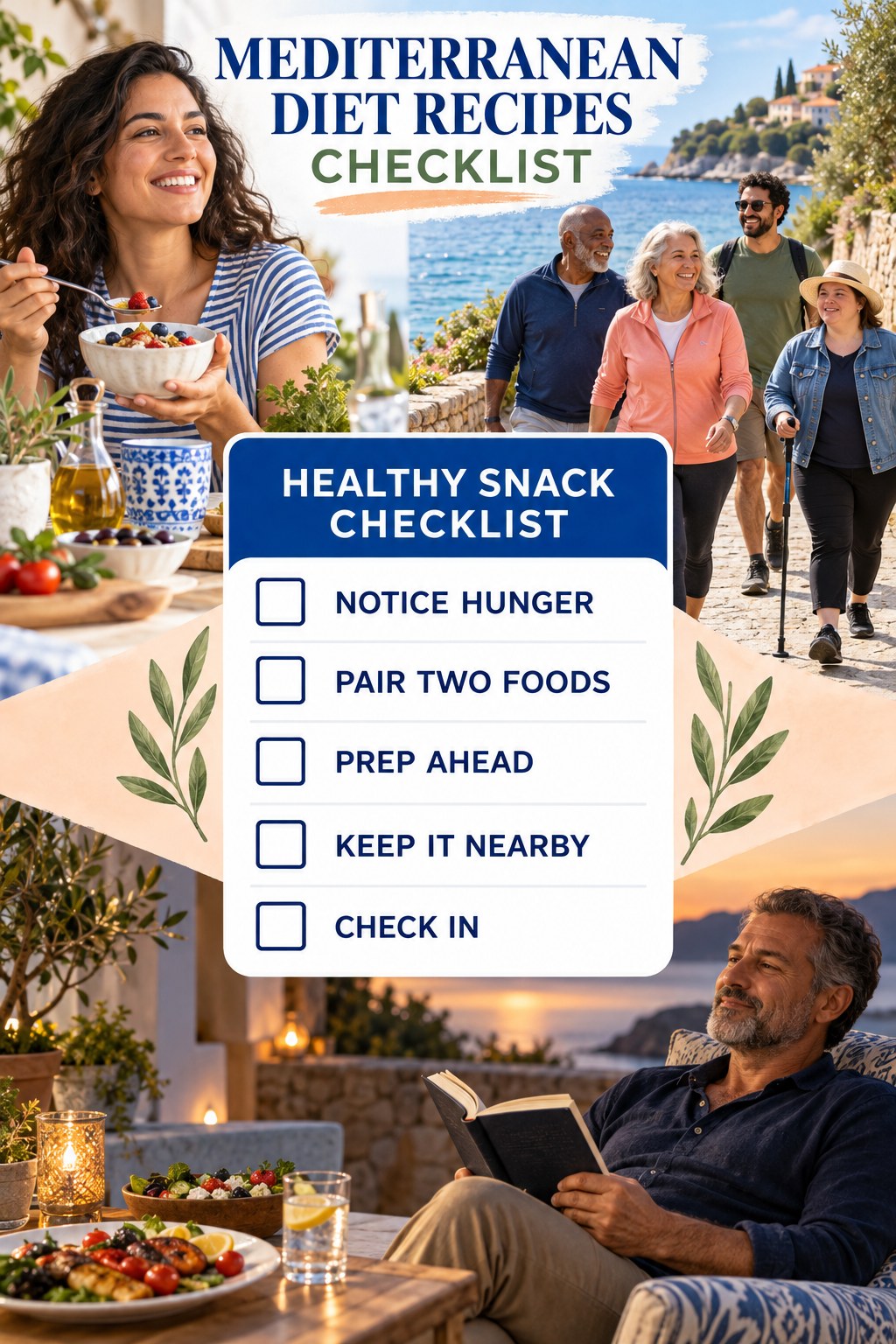 Mediterranean Diet Recipes checklist graphic titled Healthy Snack Checklist with five clear practical wellness items.
