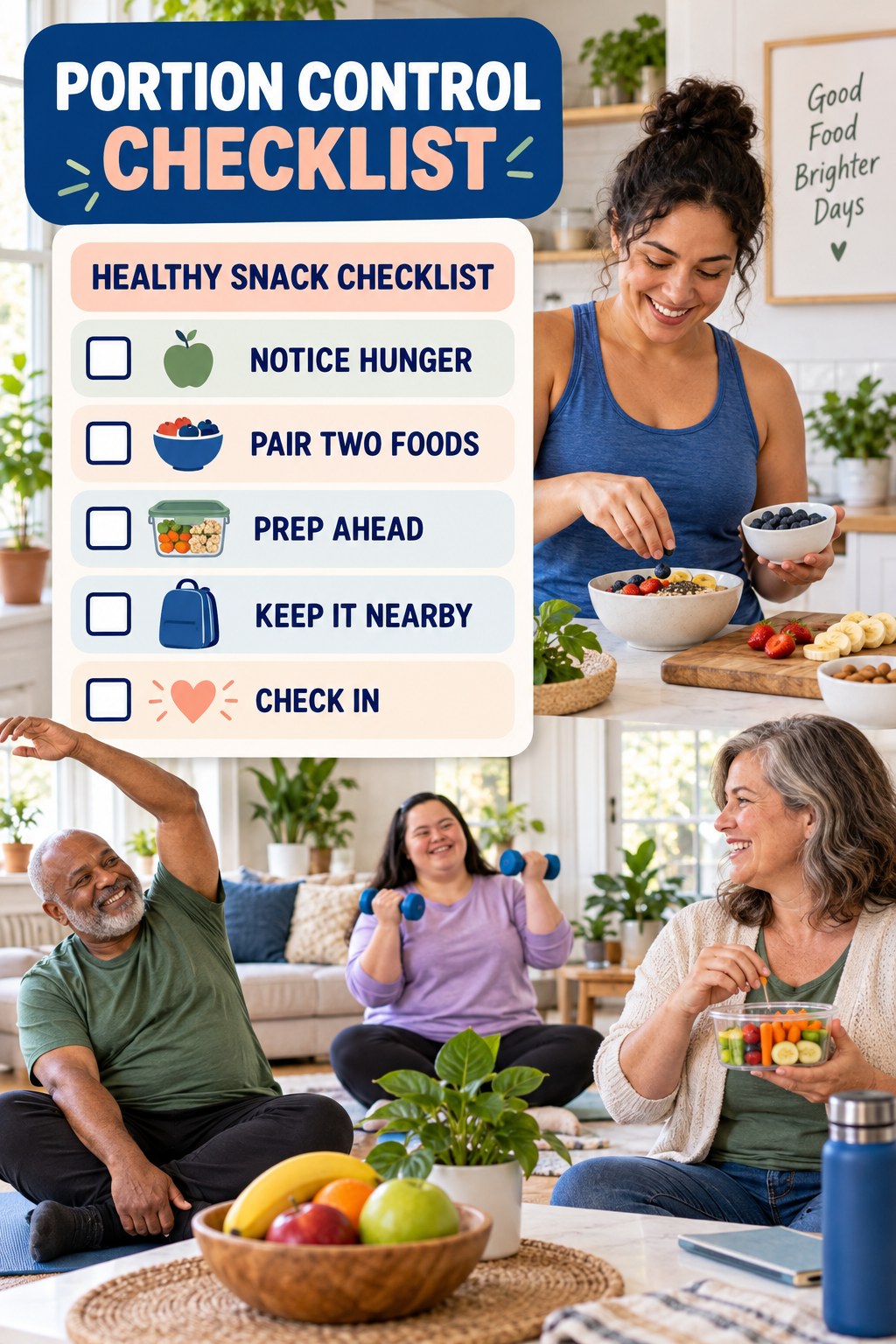 Portion Control checklist graphic titled Healthy Snack Checklist with five clear practical wellness items.