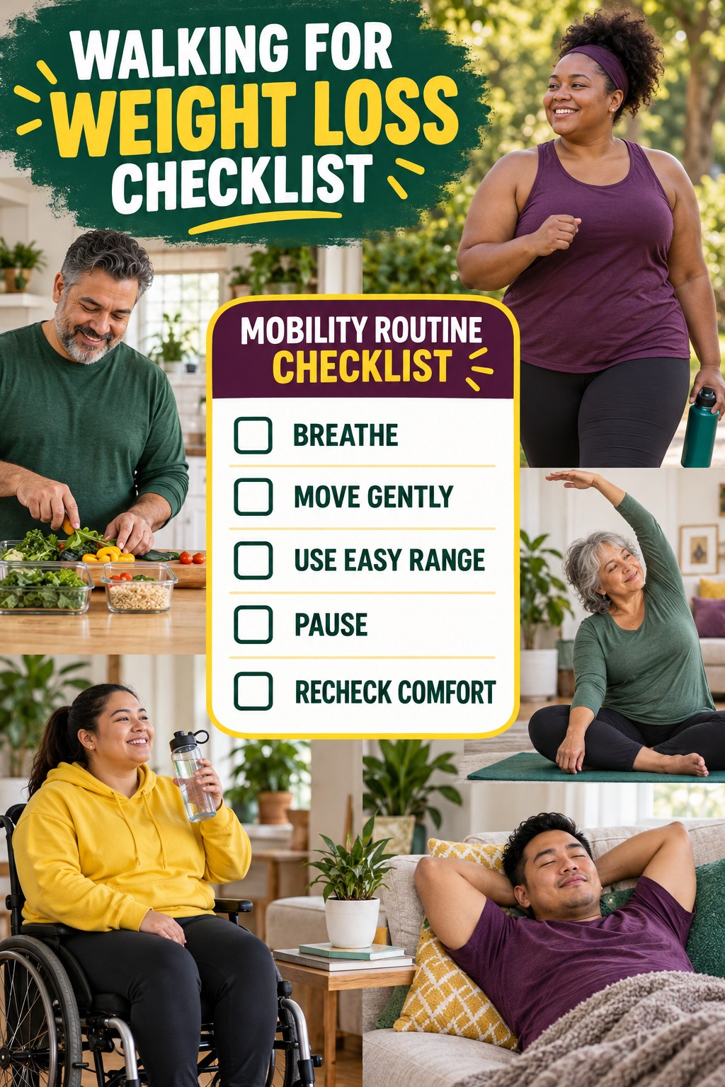 Walking for Weight Loss checklist graphic titled Mobility Routine Checklist with five clear practical wellness items.