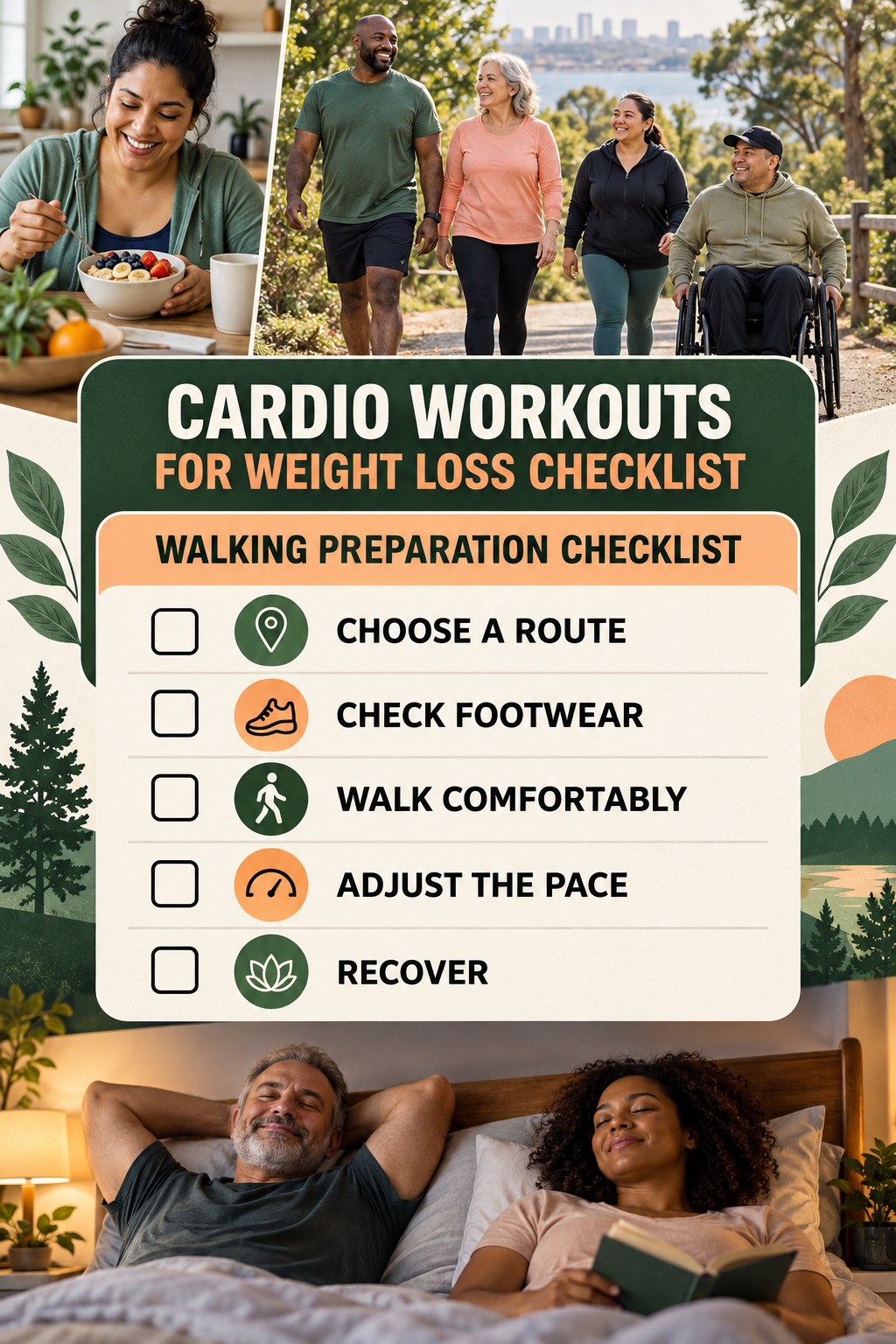 Cardio Workouts for Weight Loss checklist graphic titled Walking Preparation Checklist with five clear practical wellness items.