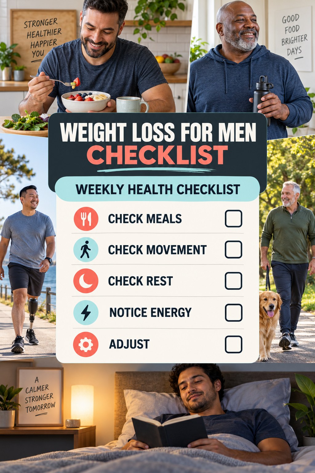 Weight Loss for Men checklist graphic titled Weekly Health Checklist with five clear practical wellness items.