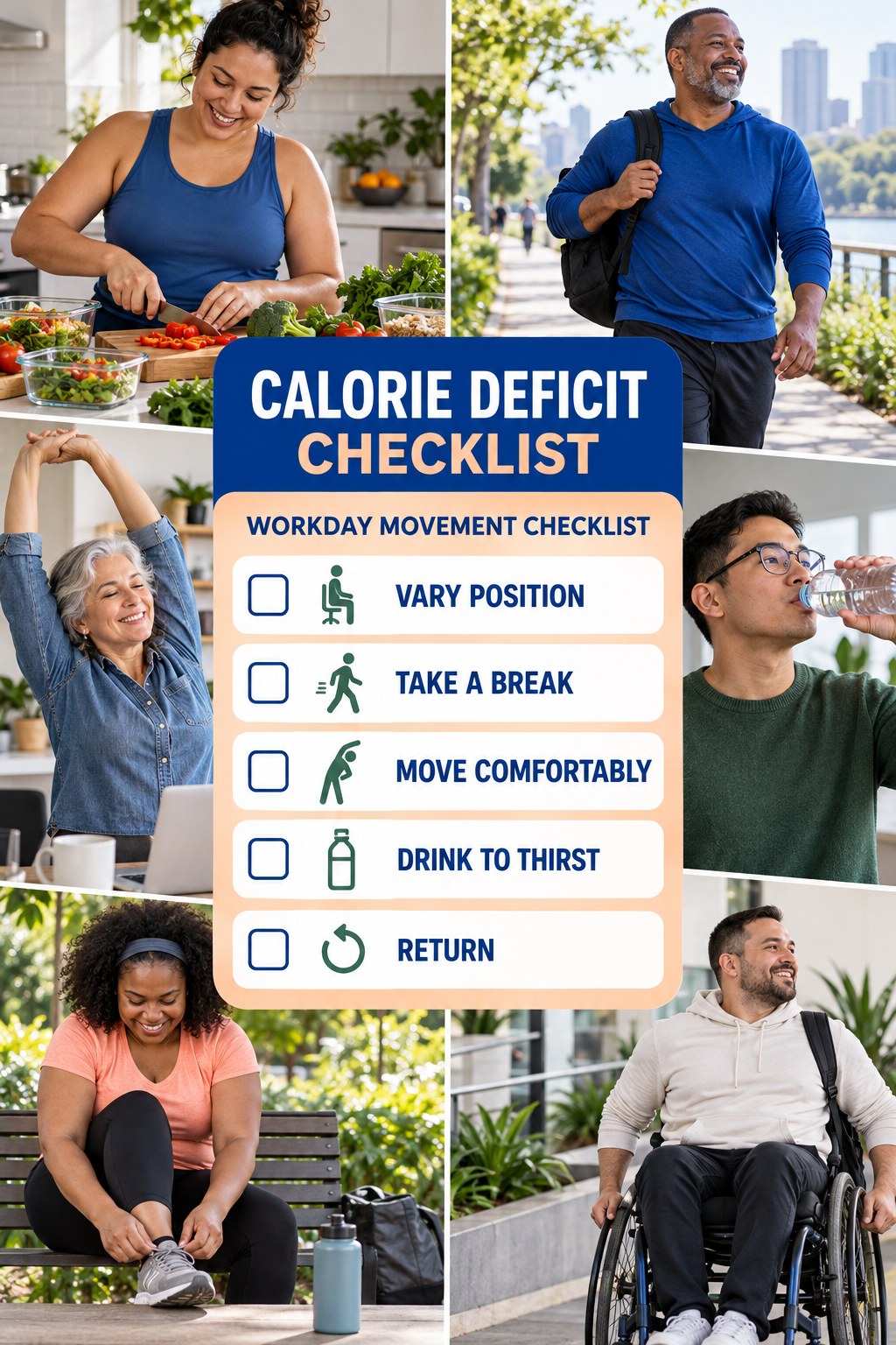 Calorie Deficit checklist graphic titled Workday Movement Checklist with five clear practical wellness items.