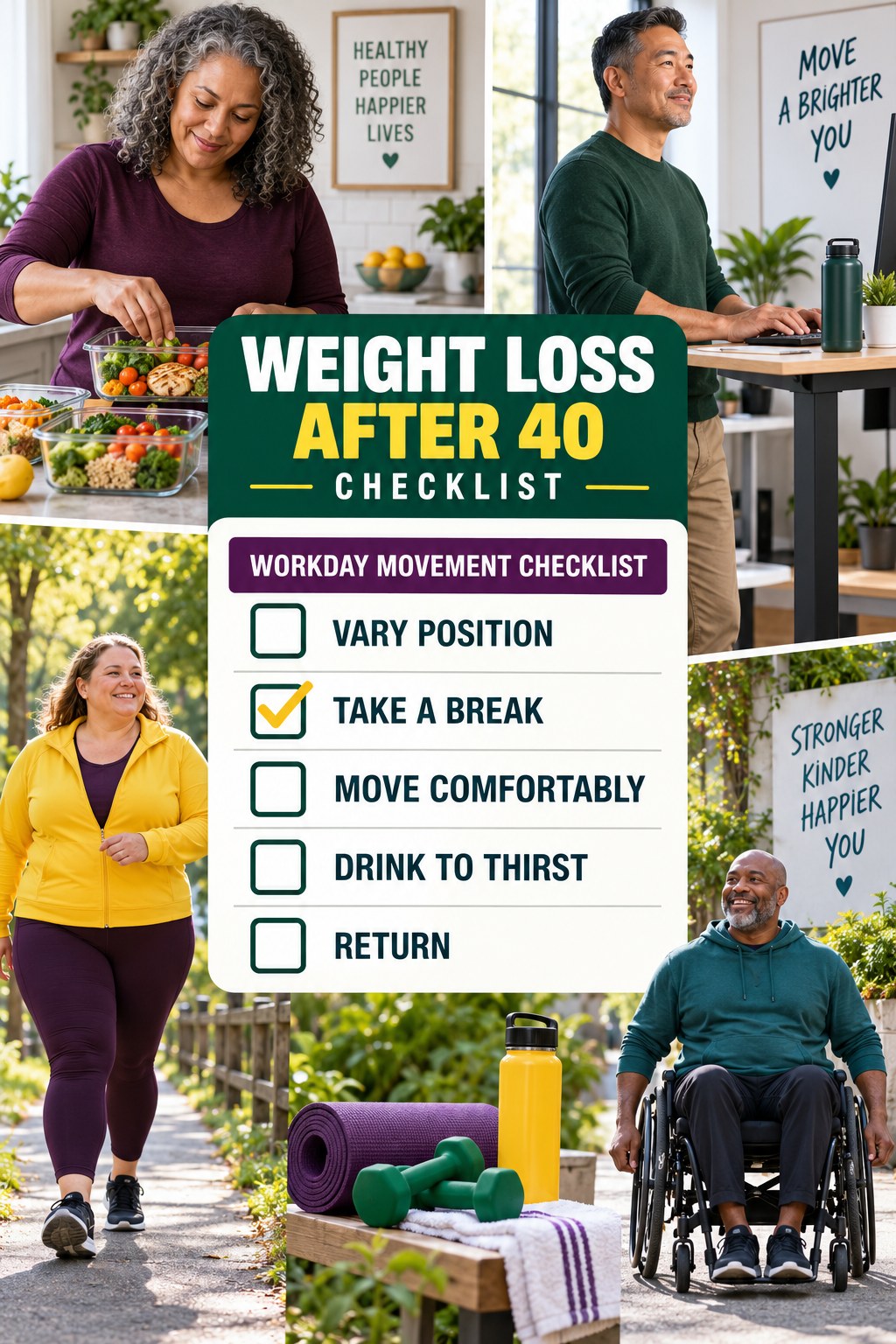 Weight Loss After 40 checklist graphic titled Workday Movement Checklist with five clear practical wellness items.