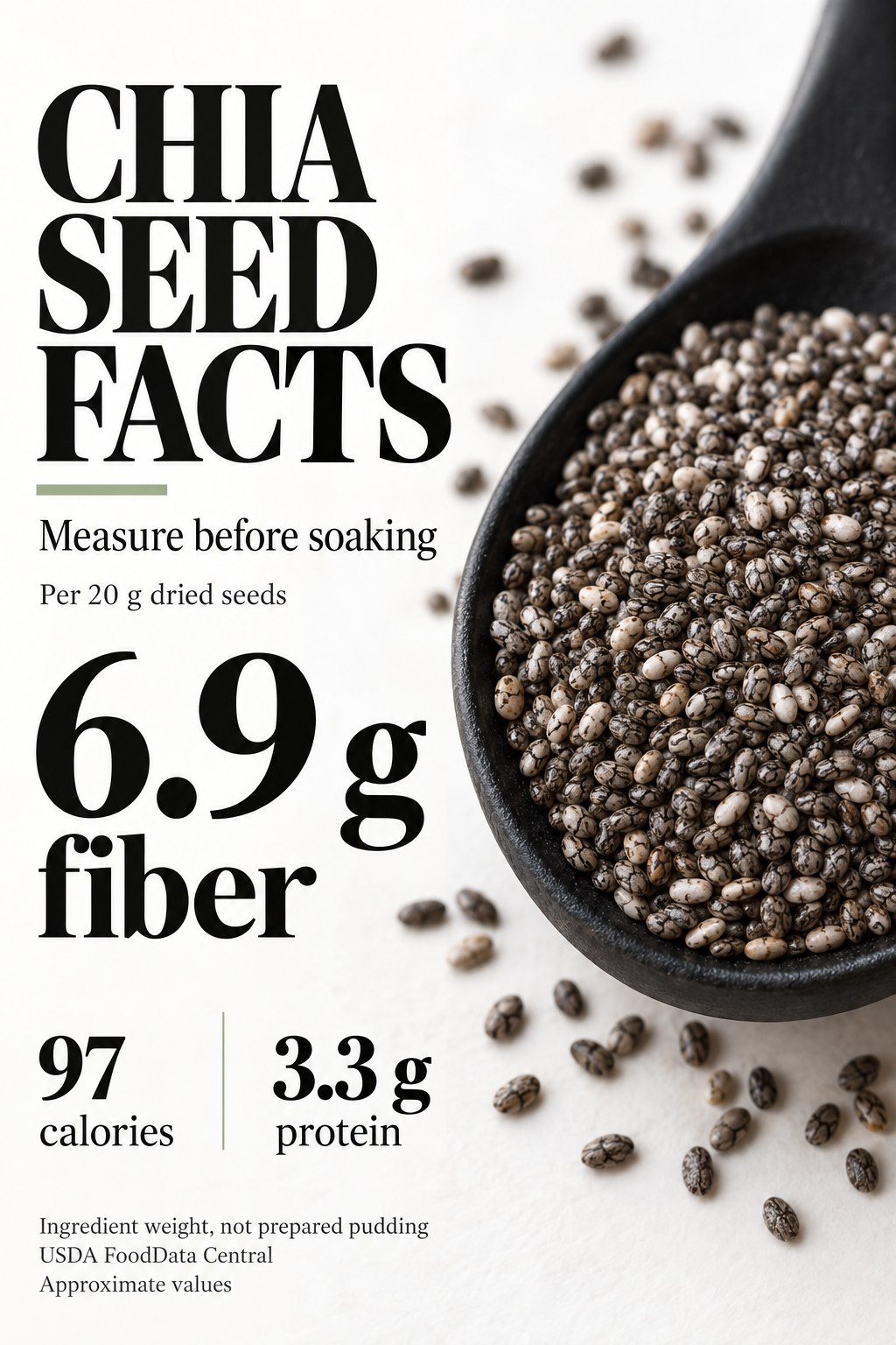Chia seed card showing 6.9 grams fiber, 97 calories and 3.3 grams protein per 20 grams of dried seeds before soaking.