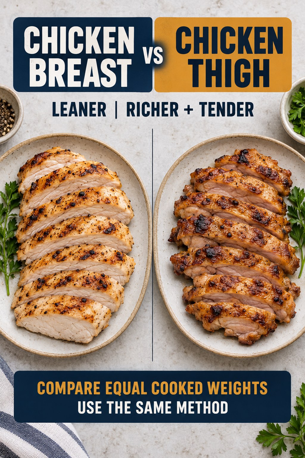 Skinless chicken breast and thigh in equal cooked portions, compared with the same preparation method for meal planning.
